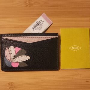 Fossil Black Card Holder with Pink and Gray Floral Accents